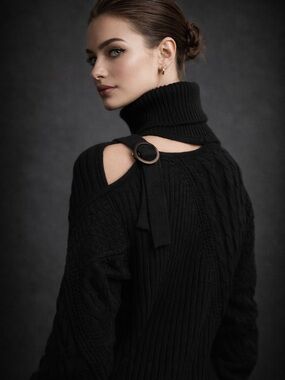 Asymmetrical Cutout Turtleneck Sweater Black Chunky Knit One Shoulder Buckle M/L